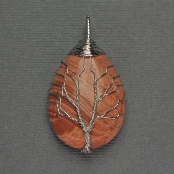 Pendant 'Drop' Red Jasper 24x35x48 mm ± in a silver-toned metal weave