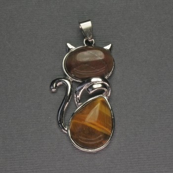 Cat Pendant with Tiger's Eye, 25×51 mm, Silvery Metal