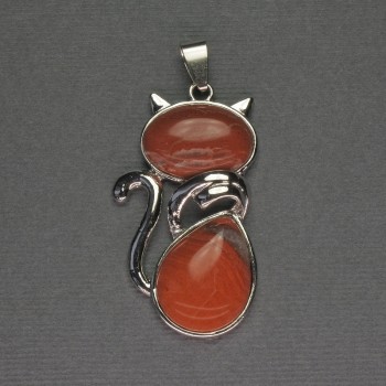 Cat Pendant, Red Jasper, 25×51 mm, silver-toned metal