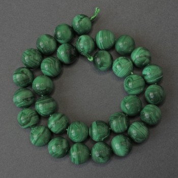 Malachite Beads, Smooth Round Spheres, 12 mm Diameter, 39 cm Length on Thread