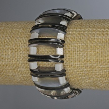 Abalone bracelet with Mother-of-Pearl, 28x2mm links, 5mm cube beads, 9mm thick, 18cm long, stretch