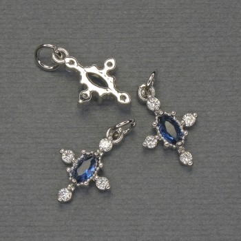 Cross pendant with white and blue crystals, silver-colored metal, diameter 16x10 mm, length approx. 20 mm