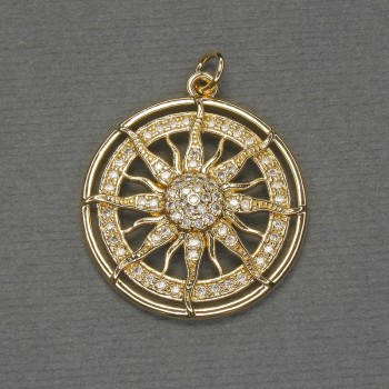 Wind Rose Pendant with White Crystals in Gold-tone Metal