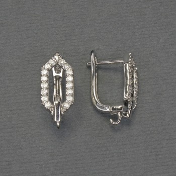 Silver-tone earring hooks with white crystals, 17x8 mm - pair