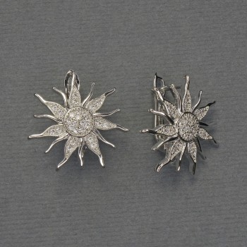 Ear wires for earrings with white rhinestones, silver-tone metal, 20mm diameter, pair