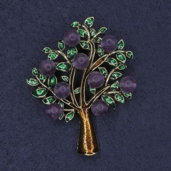 Tree Brooch-Pendant with Amethyst, Green and Brown Enamel, Gold-Tone Metal 45x55 mm+