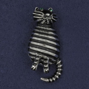 Cat Brooch with Green Crystals and Black Enamel
