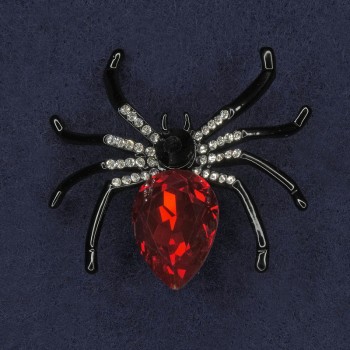 Spider Brooch with White Crystals and Red Crystal, Enamel, Black Metal 42×42 mm+