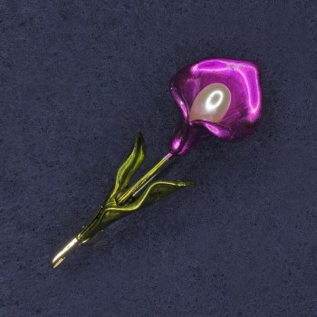 Kala Brooch with Pink Pearl and Green Enamel on Gold-Tone Metal 17×54 mm+