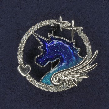 Unicorn Brooch with White Crystals, Enamel, Silver-Toned Metal 30×32 mm+