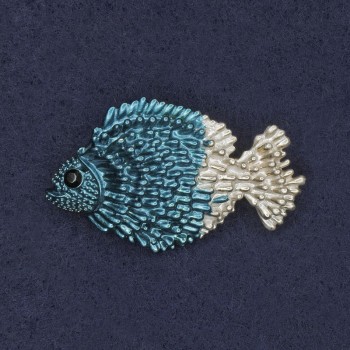 Brooch 'Fish' blue and white enamel on golden metal 27x42mm+