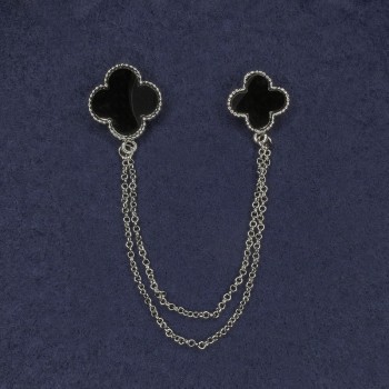 Brooch for cardigans, black enamel, diameter 22 mm +-, diameter 18 mm +-, silver metal chain, length 12 cm+-