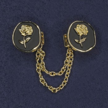 Brooch for cardigans, black enamel with gold-tone metal, diameter 20 mm ±, chain length 9 cm ±