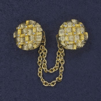 Cardigan Brooch with White Rhinestones, Gold-Tone Metal, Diameter About 20 mm, Chain Length About 9 cm