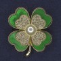 Shamrock Brooch with White Rhinestones, White Pearl, Green Pearlescent, Gold-Tone Metal, Diameter 38×45 mm +