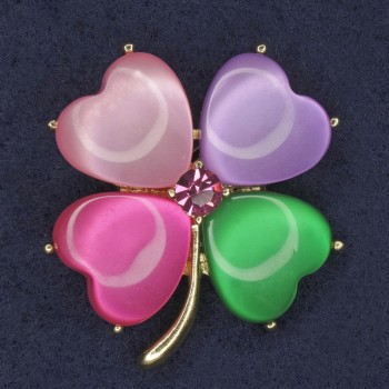 Brooch Shamrock multicolored Cat's Eye pink crystal gold-tone metal, diameter 36x40 mm +