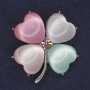 Four-leaf Clover Brooch with Multicolored Cat's Eye and Pink Crystal in Silvery Metal, Diameter 36×40 mm +