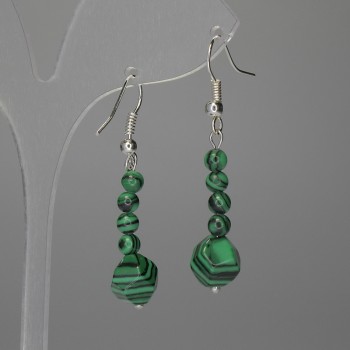 Earrings Malachite, Faceted 8 mm +-, smooth ball 4 mm +-, length 46 mm+-