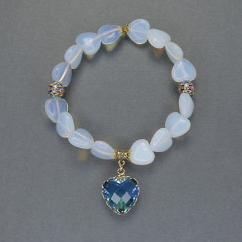 Bracelet Moonstone (opalite) Heart, diameter 12mm ±, Cloisonne beads 8mm ±, with metal inlays and pendant, length 18 cm