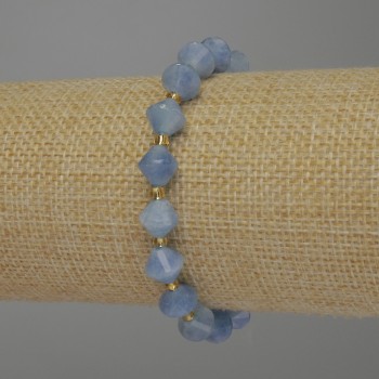 Faceted Aquamarine Bracelet with 8x8 mm Rhombus Beads, 3 mm Beads, 18 cm Stretch