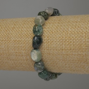 Moss Agate Pebble Bracelet, 8-10 x 8 mm diameter, 18 cm length, stretch