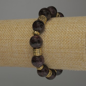 Garnet bracelet with smooth beads, 12 mm diameter ±, with metal inserts, 18 cm stretch