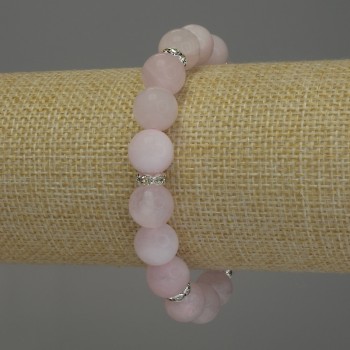 Pink Quartz Bracelet with Smooth Beads, 10mm Diameter, with Metal Accents, 18 cm Length, Stretch