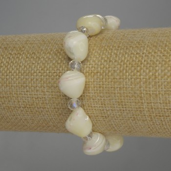 Mother-of-Pearl Faceted Bead Bracelet, 14×12 mm ±, Czech Crystal Rondelle 6×5 mm ±, 18 cm Stretch