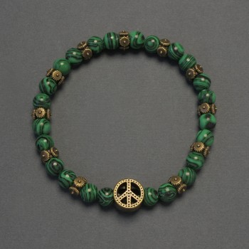 Malachite Bracelet with Smooth Beads, 6 mm Diameter +/-, with Butterfly Inlays, 18 cm Length +/- Stretch