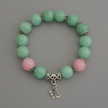 Jadeite Bracelet with Smooth 12mm Beads and Rose Quartz Beads, with Metal Inlays, 18 cm Elastic