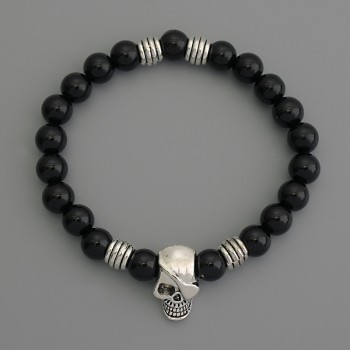 Agate bracelet (pressed) bead, 10mm diameter ±, with metal inlays, stretch length 18 cm