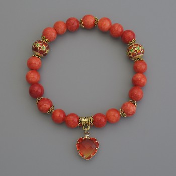 Orange Coral Bracelet (artificial) - smooth beads, 8 mm diameter +/- Cloisonné 10 mm +/- with metal inlays, 18 cm stretch