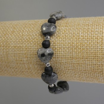 Larvikite Heart Bracelet, 12 mm diameter centerpiece, Shungite Beads 6 mm, with Metal Inserts, 18 cm Stretch