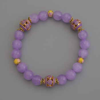 Lavender Amethyst Bracelet with Smooth Beads, 8 mm Diameter +/- Cloisonné 10 mm +/- 5.5 mm +/-, 18 cm Length +/- Stretch