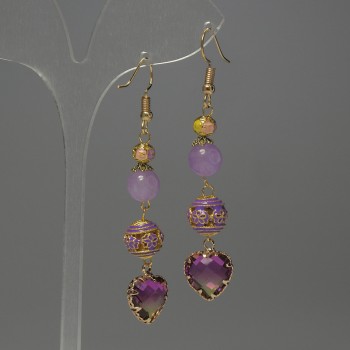 Earrings Lavender Amethyst Bead, 8 mm Diameter ± Cloisonné 10 mm ± Crystal in Bezel 12 mm ±, Length 65 mm ±