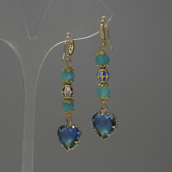 Aquamarine Earrings with Faceted Diamond-Shaped Stone, approximately 7×5 mm diameter; Cloisonné 7 mm; Crystal in Bezel 12 mm; Total length approximately 50 mm
