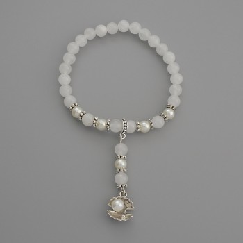Bracelet with White Quartz - Smooth Beads, 6mm Diameter ±, with Metal Inserts, Length 18 cm ±, Elastic
