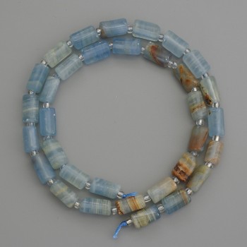 Blue Calcite Cylindrical Beads 10×6mm, with 3mm seed beads on thread, length 40 cm