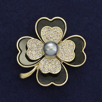 Shamrock Brooch with White Crystals, Pearl, Golden Metal, Diameter 38x45mm, Magnetic Backing