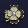 Shamrock Brooch with White Crystals, Pearl, Golden Metal, Diameter 38x45mm, Magnetic Backing