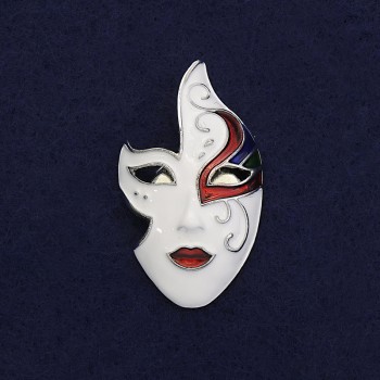 Mask Brooch - white, black, red enamel, silver-tone metal, 40×23 mm, magnetic