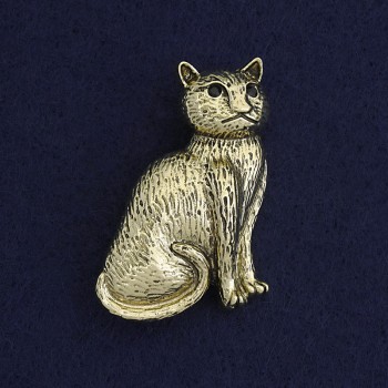 Cat brooch pendant with black crystals, dark gold color, golden metal, 45x25 mm