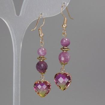 Tourmaline Earrings with Faceted Beads, 8mm, 6mm, Heart 12mm, Length 56mm