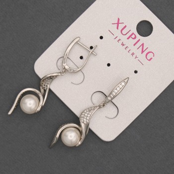 Xuping rhodium earrings with pearl, 8 mm diameter and white rhinestones, length 36 mm +