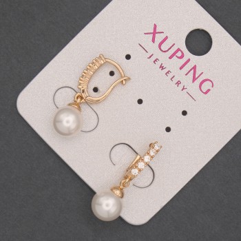 Xuping Earrings with White Crystals and Majorca Pearl, Diameter 8 mm±, Length 23 mm±, 18K Gold Plating