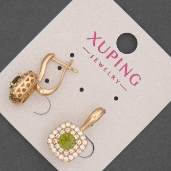 Xuping Earrings with White Crystals and Olive-Green Crystal, 12 mm Diameter, 20 mm Length, 18K Gold Plating