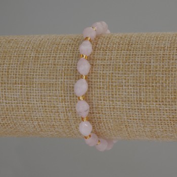 Pink Quartz Bracelet with Faceted Beads, 8×6 mm Diameter, 3 mm Seed Beads, 18 cm Stretch