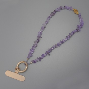 Phone Holder Chain Charm with Amethyst Chip Beads, 7x2-3 mm, Ring Diameter 24 mm, Length 24 cm