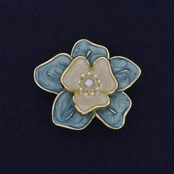 Flower Brooch with White-Blue Enamel and Pearls, 33mm +/- Gold-Tone Metal
