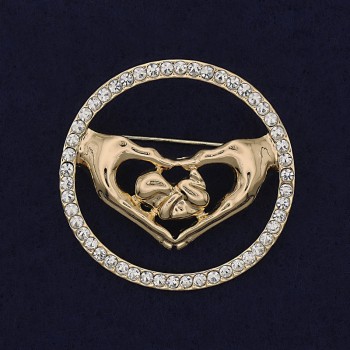 Heart Brooch with White Crystals, Golden Metal 38mm+